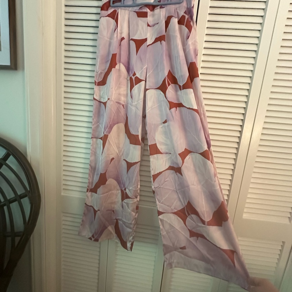 Anthropologie x Hutch Pink and Brown Wide Leg Satin Pants